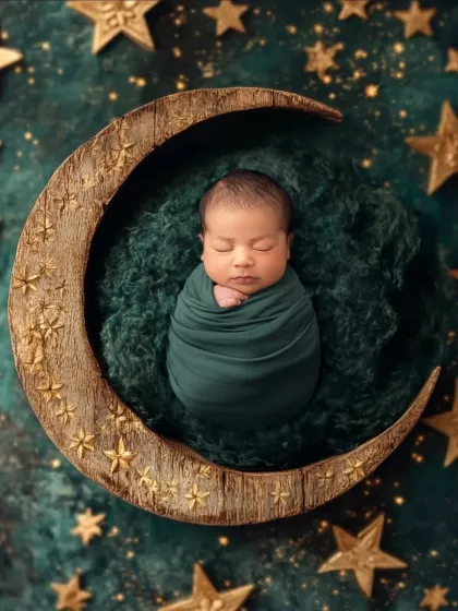 A beautiful digital art piece featuring a newborn sleeping on a green crescent moon, surrounded by golden stars.