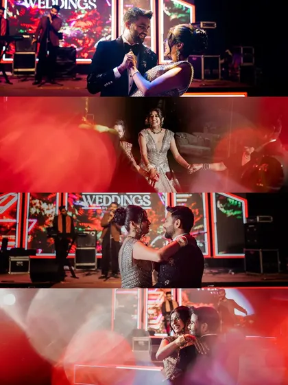 A collage of energetic moments from the Sangeet stage, with the couple dancing and celebrating with a live band.