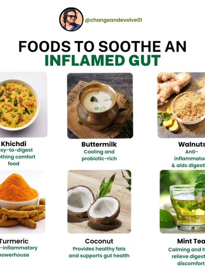 This graphic lists six foods to soothe an inflamed gut, including easy-to-digest khichdi, cooling buttermilk, anti-inflammatory walnuts, and calming mint tea.