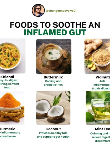 This graphic lists six foods to soothe an inflamed gut, including easy-to-digest khichdi, cooling buttermilk, anti-inflammatory walnuts, and calming mint tea.