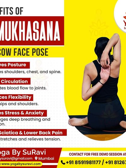 This infographic details the many benefits of Gomukhasana (Cow Face Pose), from improving posture and circulation to relieving stress and sciatica.