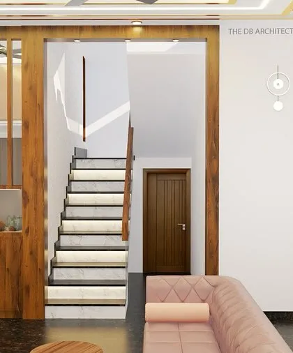 A duplicate of ID 68, this 3D render provides another look at the staircase and partition design. It emphasizes how functional elements like an aquarium can be beautifully integrated into the home's core structure.