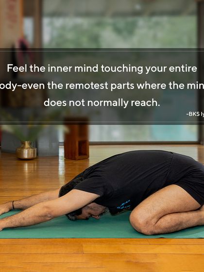 This quote from Guruji, "Feel the inner mind touching your entire body," perfectly captures the essence of my teaching. This student in Balasana (Child's Pose) is learning to bring his consciousness to every part of his being.