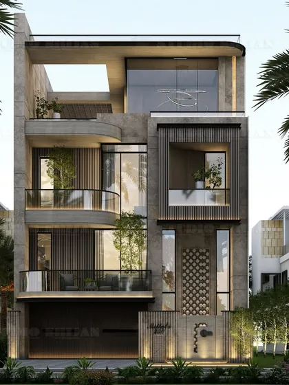 This 323 sq. yard home in Janakpuri features curved glass corners and an organic, flowing design. The facade is a complex interplay of solid and void, with integrated planters on multiple levels.