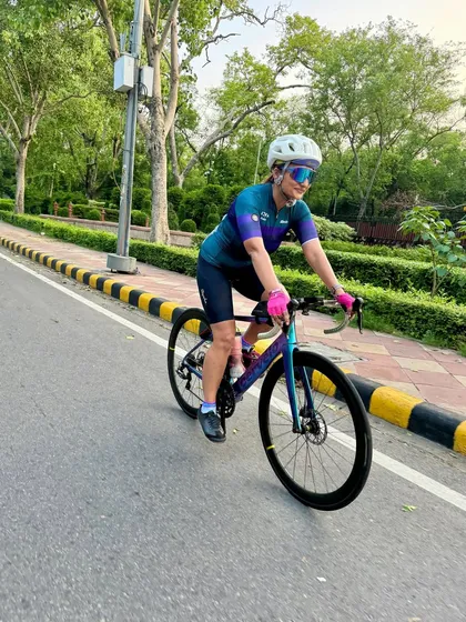 An action shot of a member on her Cervelo.