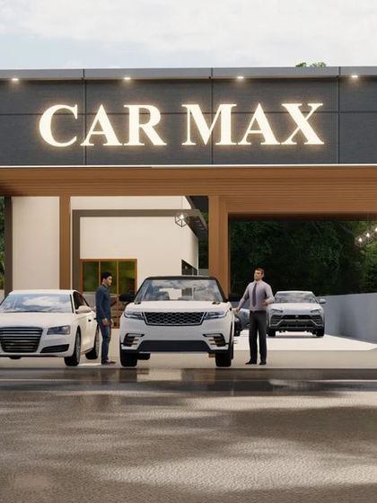 A direct frontal view of the "Car Max" showroom design, showcasing the symmetrical arch and well-lit vehicle display area.