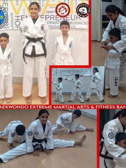 Our female trainers are role models for all our students. This collage shows one of our black belt instructors teaching young boys, demonstrating technique, and leading flexibility drills.