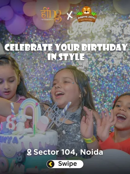 "Celebrate Your Birthday In Style." The birthday girl and her friends laugh with excitement as they gather around the cake.