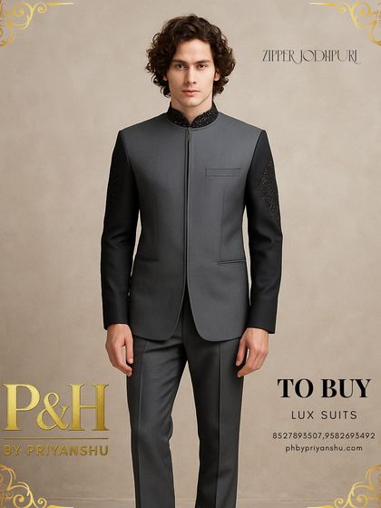 A portrait of the grey and black zipper Jodhpuri, capturing its modern and fashion-forward appeal.