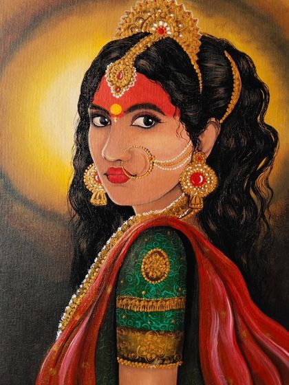 The completed acrylic painting of Maa Durga, rich in color and detail. I paid special attention to the textures of her saree, the gleam of her golden ornaments, and her powerful, compassionate gaze.