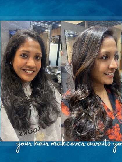 Another before-and-after collage, this one featuring a client's happy reaction to her complete hair transformation.
