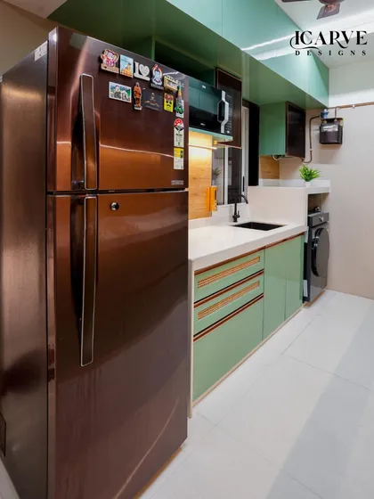 A full view of the mint green kitchen, showing how all the elements come together to create a cohesive and stylish space.