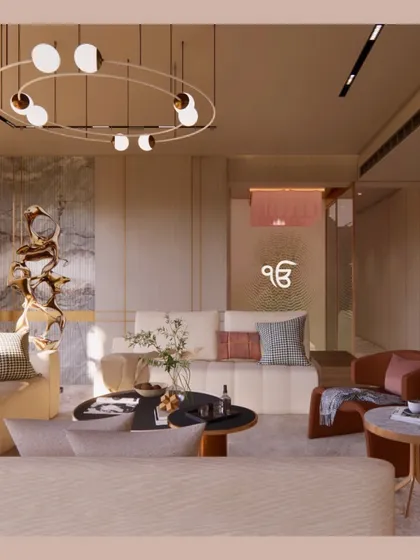 For us, a pooja space should be a seamless and serene part of the home. We designed this clever sliding wall partition that conceals the prayer area, allowing the living room to feel open and modern, while transforming into a larger spiritual space when needed.