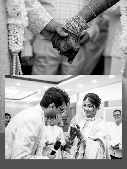 A black and white collage focusing on the emotional details of an intimate ceremony, like holding hands and exchanging rings.