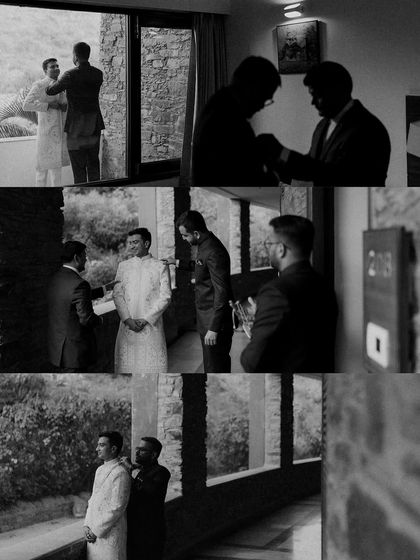 A black and white collage documenting the groom getting ready with the help of his friends and family. These candid shots capture the important moments of camaraderie and support before the ceremony.