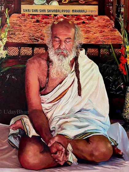 A close-up of the finished oil painting, showing the detailed rendering of the guru's face, beard, and the fabric of his robes.