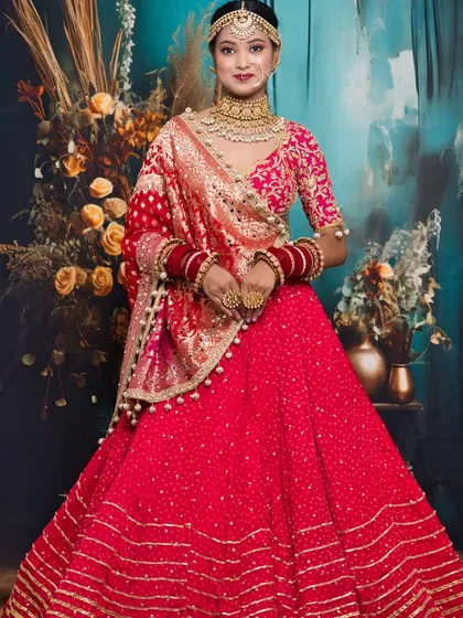 The full view of a bride in a bright red bandhani-style lehenga. The makeup is kept fresh and radiant to match the vibrant outfit.