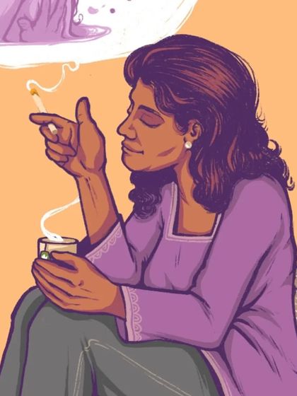 A close-up of the female character, sharing a thought. The wisp of steam from the tea merges with her thought bubble, connecting the moment to her inner world.