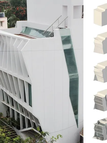 A duplicate of ID 49, this composite image provides a clear look at the final form of the SPKCO office and the conceptual steps that led to its unique, expressive facade.