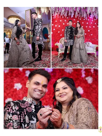 A collage from a Sagai (engagement) ceremony, showing the couple's entry, portraits, and the ring exchange.