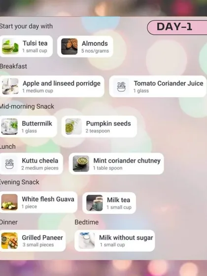 Here is the Day 1 meal plan from my comprehensive 9-day Navratri diet guide. It starts the fast on a healthy note with apple porridge, kuttu cheela, and grilled paneer to ensure you get enough protein and fiber.