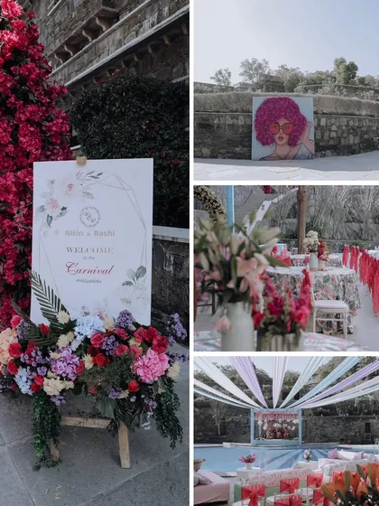 A collage of vibrant carnival-themed decor, from the welcome sign and floral arrangements to the poolside setup with colorful drapes.