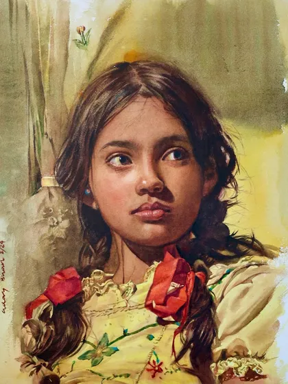 A portrait of a young girl, demonstrating how to paint youthful features and soft skin tones. The red ribbons add a beautiful pop of color and focus.