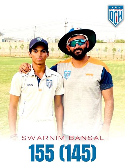 A graphic highlighting Swarnim Bansal's brilliant 155. He is a consistent run-scorer for our teams.