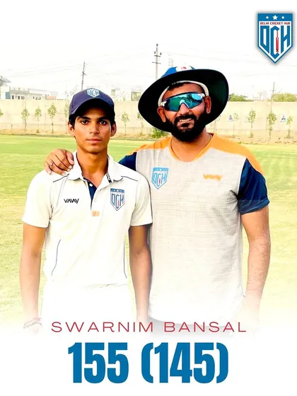 A graphic highlighting Swarnim Bansal's brilliant 155. He is a consistent run-scorer for our teams.