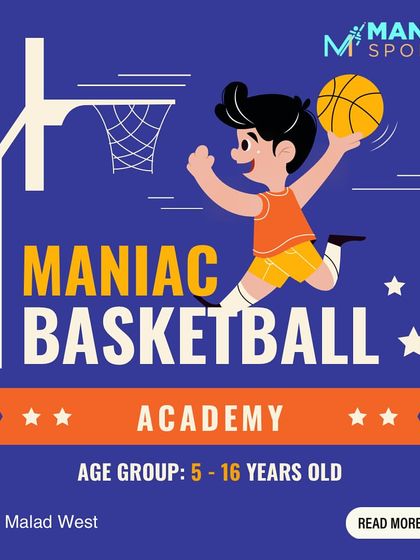 Schedule your free trial class today! This graphic provides our contact information and details for our Malad West location, for age groups 5 to 16.