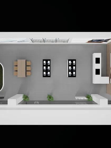 A floor plan render for another retail store variant, showing a layout with a green wall and a dedicated seating area. We create multiple store formats for pan-India rollouts.