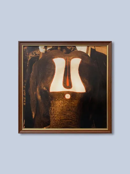 Another example of divine art, this time focusing on the elephant, a sacred symbol. The rich wooden frame enhances the reverent and powerful mood of the photograph.