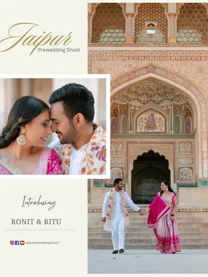 An introductory collage for Ronit and Ritu, featuring a romantic close-up and a walking shot at Amer Fort.
