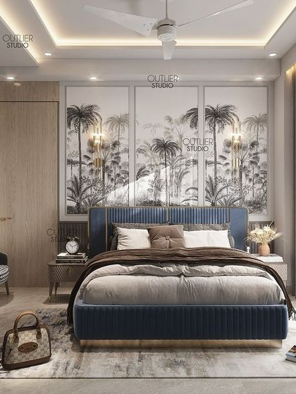 Minimalism meets nature in this bedroom, where a large, monochromatic botanical mural serves as a calming backdrop. The deep blue bed and houndstooth chairs add a touch of classic elegance.