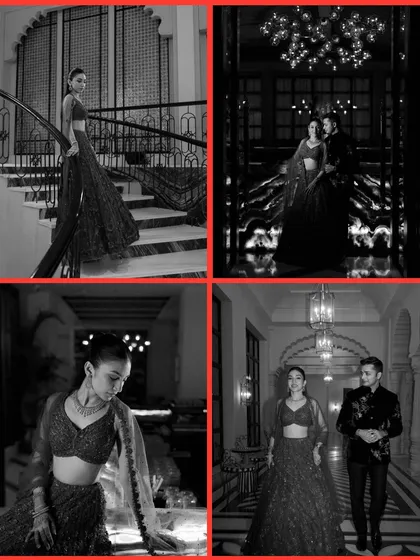 The same Sangeet night, reimagined in timeless black and white. This collage highlights the dramatic lighting, the couple's chemistry, and the architectural beauty of the venue.