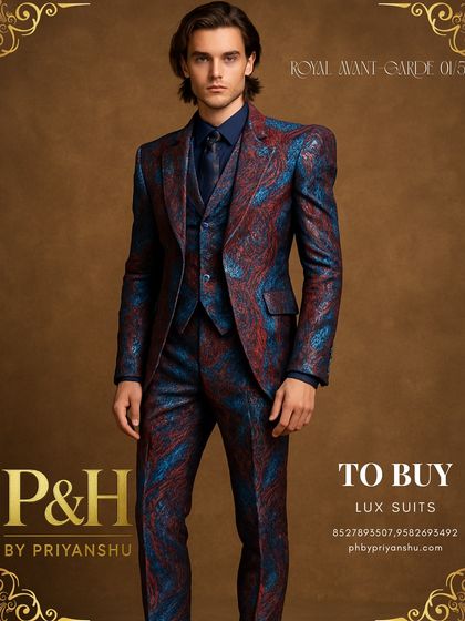 A full-body shot of the patterned suit, capturing its vibrant colors and modern silhouette. This is a statement piece for the man who is not afraid to stand out.