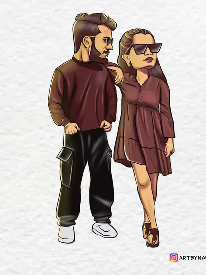 This is an example of a modern couple's portrait, turning a simple photo into a fun, stylized digital caricature. I enjoy playing with poses and expressions to capture the unique vibe of each couple.