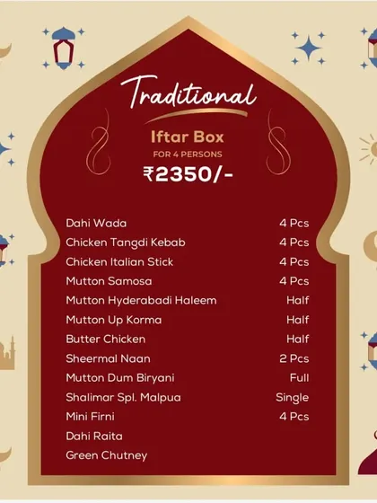 Our Traditional Iftar Box for 4 persons. This menu includes classic favorites like Mutton Samosa, Butter Chicken, and Mutton Up Korma for a truly nostalgic meal.