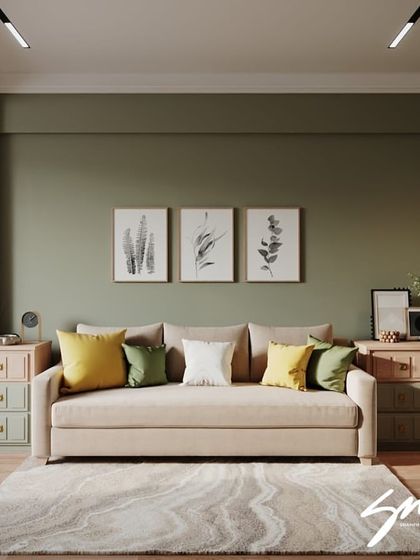 A render of a living room with soft green walls and pops of yellow and pink in the furniture. This is how we explore color combinations to create a specific mood.