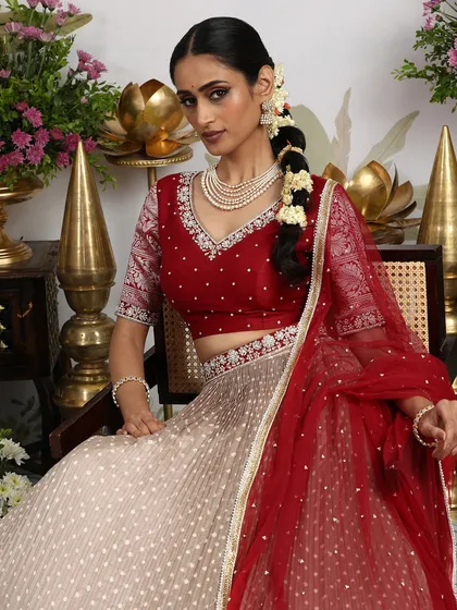 A seated portrait that captures the regal charm of this ensemble, complete with a traditional braided hairstyle.
