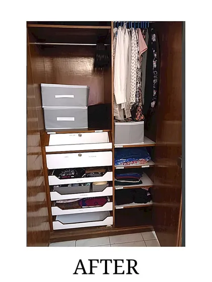 After: We used hanging organizers and bins to add more storage and structure to the existing shelves, proving that any wardrobe can be made functional.