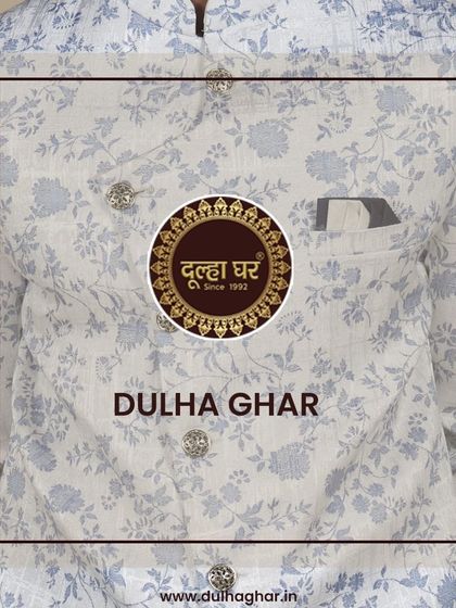 A close-up of a white and blue floral printed jacket, with our brand logo overlaid, emphasizing our signature style.