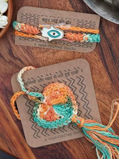 The orange and green Lumba and Rakhi set, beautifully packaged and ready for gifting.