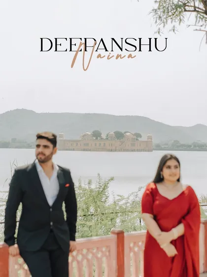 A personalized portrait with the couple's names, set against the serene backdrop of Jal Mahal.