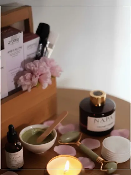 My treatment space is designed for your relaxation. I use only trusted products from brands like Aroma Treasures, alongside tools like jade rollers and freshly prepared mineral masques, to create a personalized and serene spa experience.