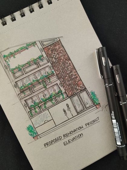 A finished elevation sketch for a proposed renovation project, showing a multi-story building with a brick facade and green balconies.