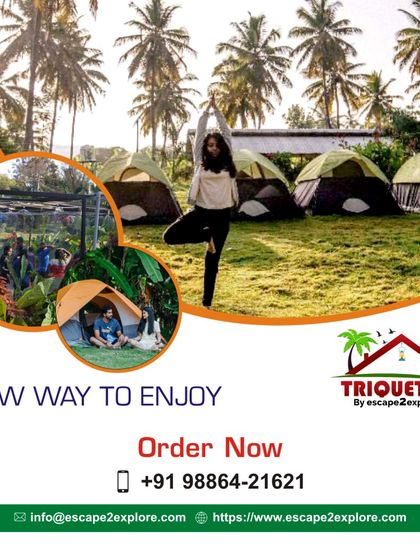 A new way to enjoy your holiday. This collage shows the variety of our camping experience, from yoga in the morning to relaxing in a tent.