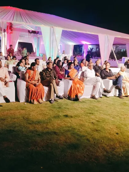 The beautiful outdoor setup for a wedding Sangeet in Roha. The audience is ready and so are we.