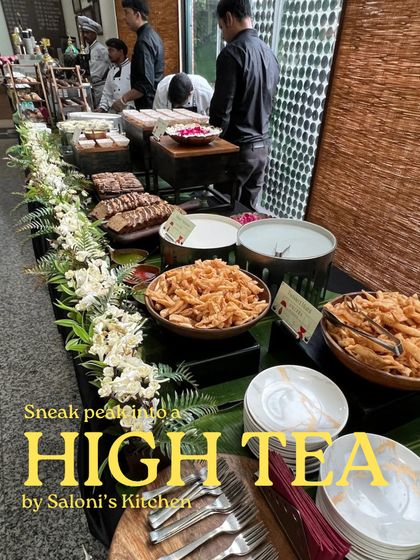 A sneak peek into a high-tea setup, perfect for festive card parties. The menu includes elegant bites like mini ricotta sandwiches and freshly baked banana walnut cake, creating a refined atmosphere.