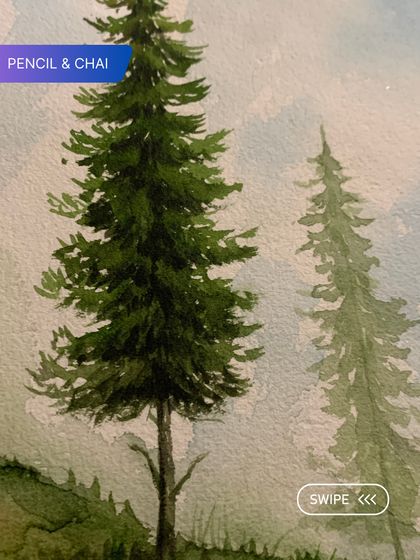 This close-up shows how to create atmospheric perspective by painting trees in the background with lighter, less detailed strokes. It's a key technique for landscape painting.